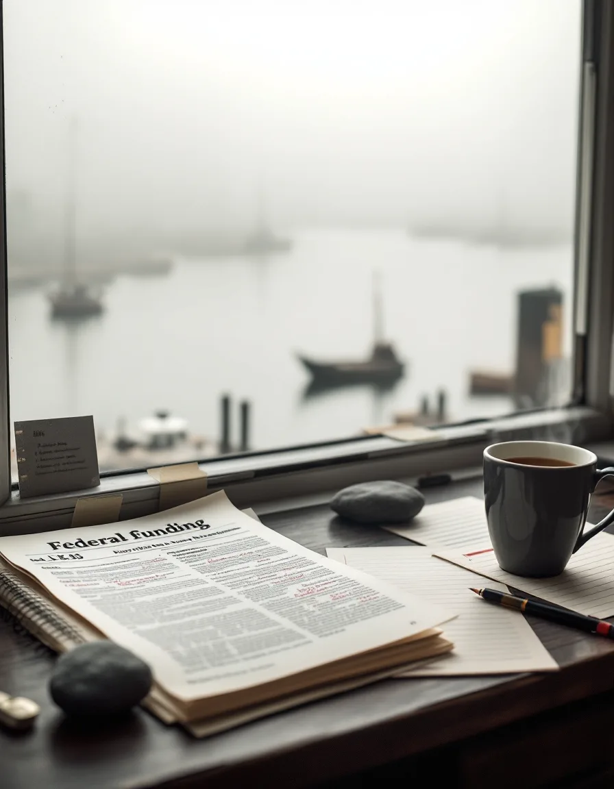 A writing desk by a fogged harbor window, a funding notice marked in red pencil held open by a beach stone, index cards taped to the frame