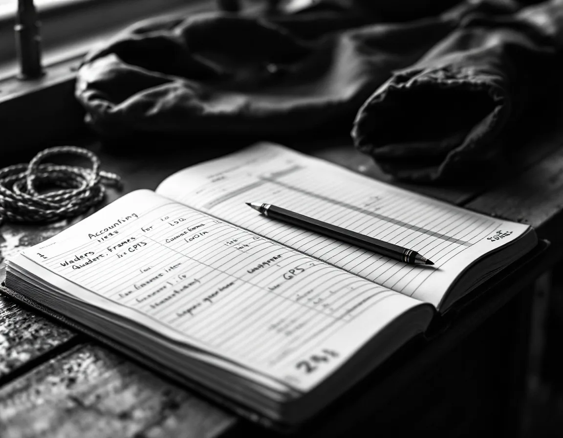 An open accounting ledger with handwritten line items beside folded chest waders