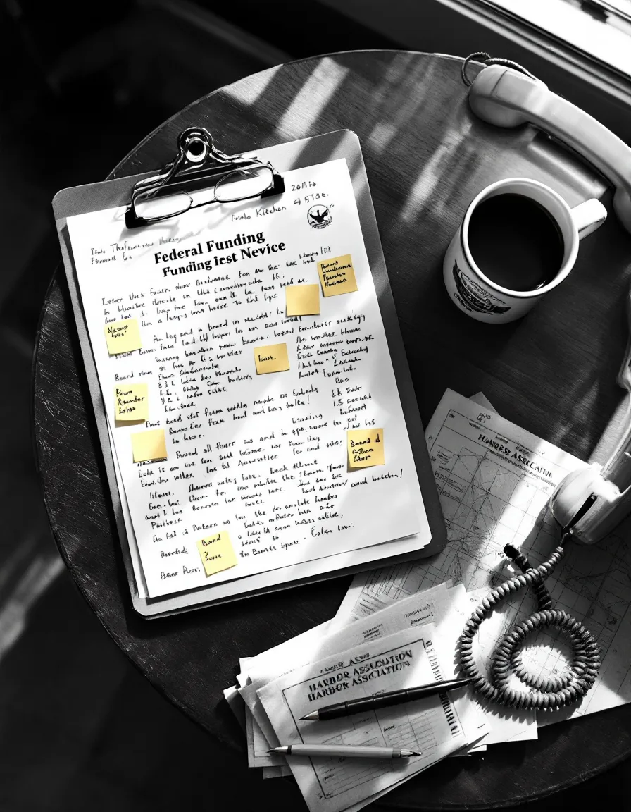 Overhead view of a table with a marked-up funding notice, a board roster on a clipboard, reading glasses, and a phone off the hook